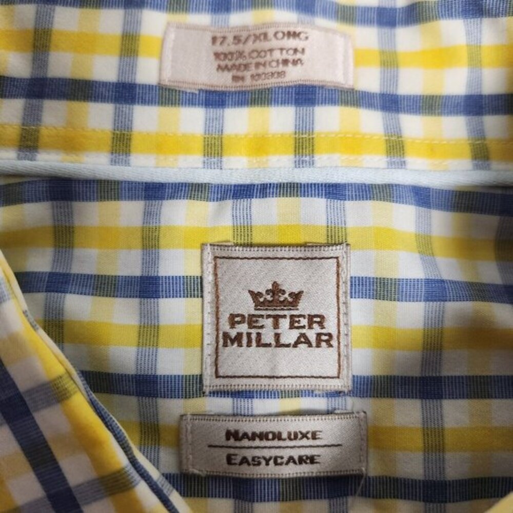 Peter Millar Shirt Men L Nanoluxe Long Sleeve Yellow Blue Plaid Button Down - Picture 3 of 7